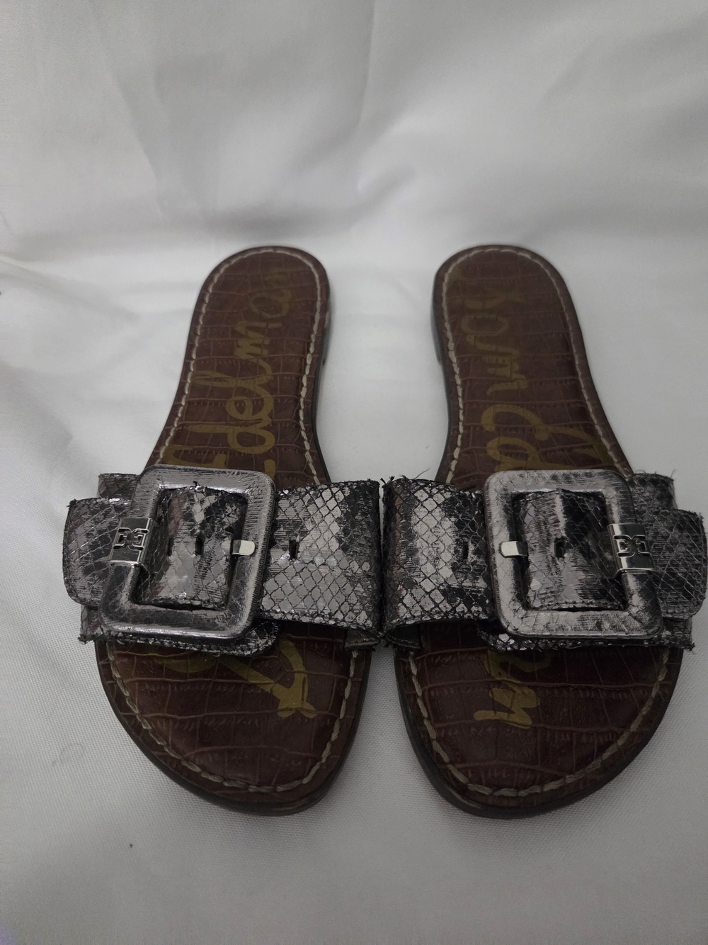 Sam Edelman Metallic Gray Snake-Print Buckle Slide Sandals